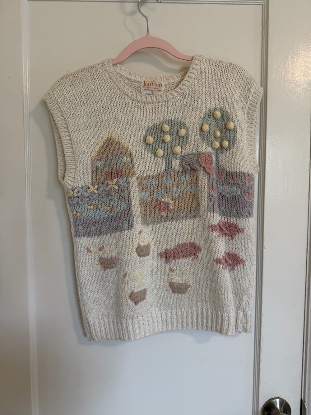 Vintage Jantzen Hand Knitted with 3D farm scene featuring trees and pigs sweater